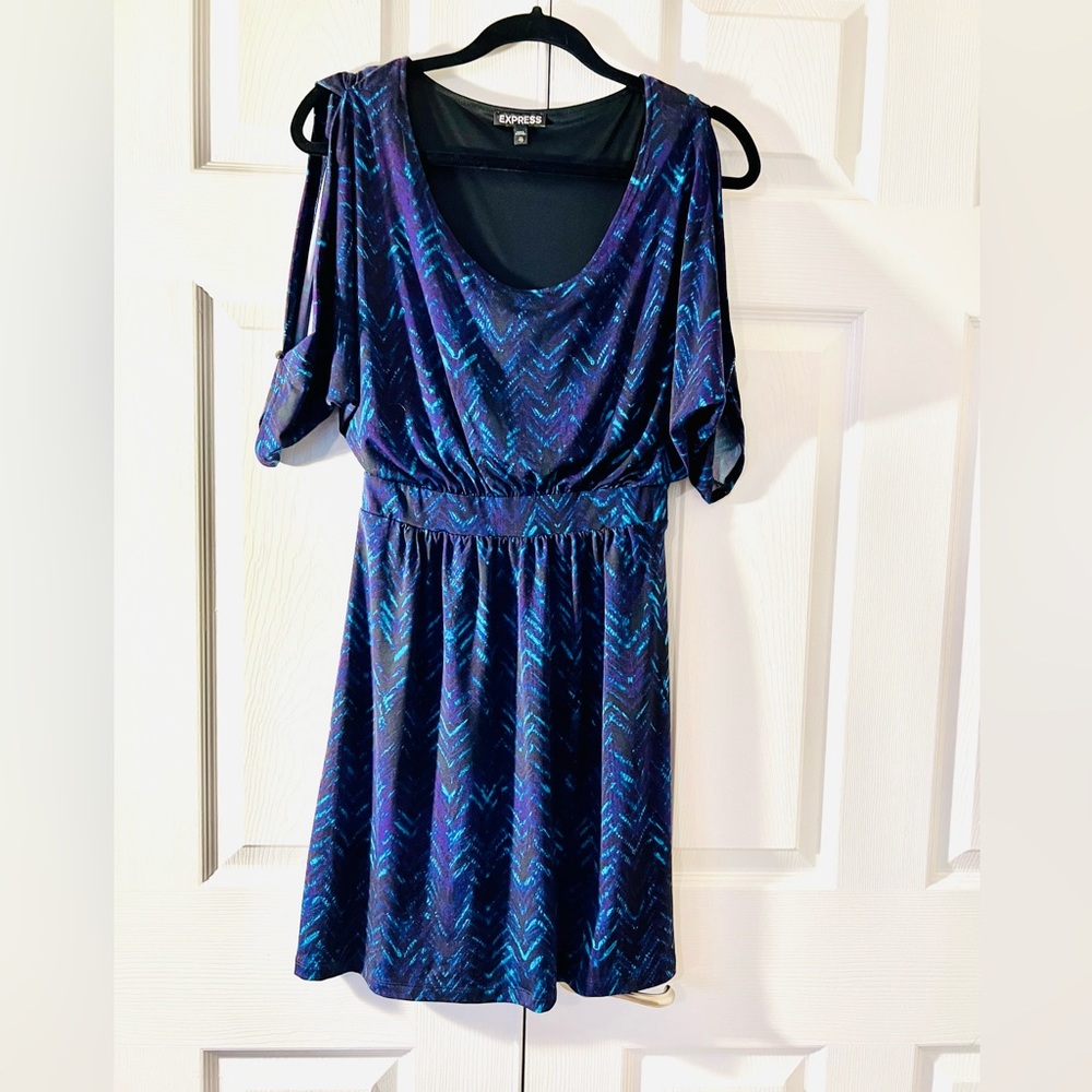 Multicolor dress from Express with exposed shoulders.